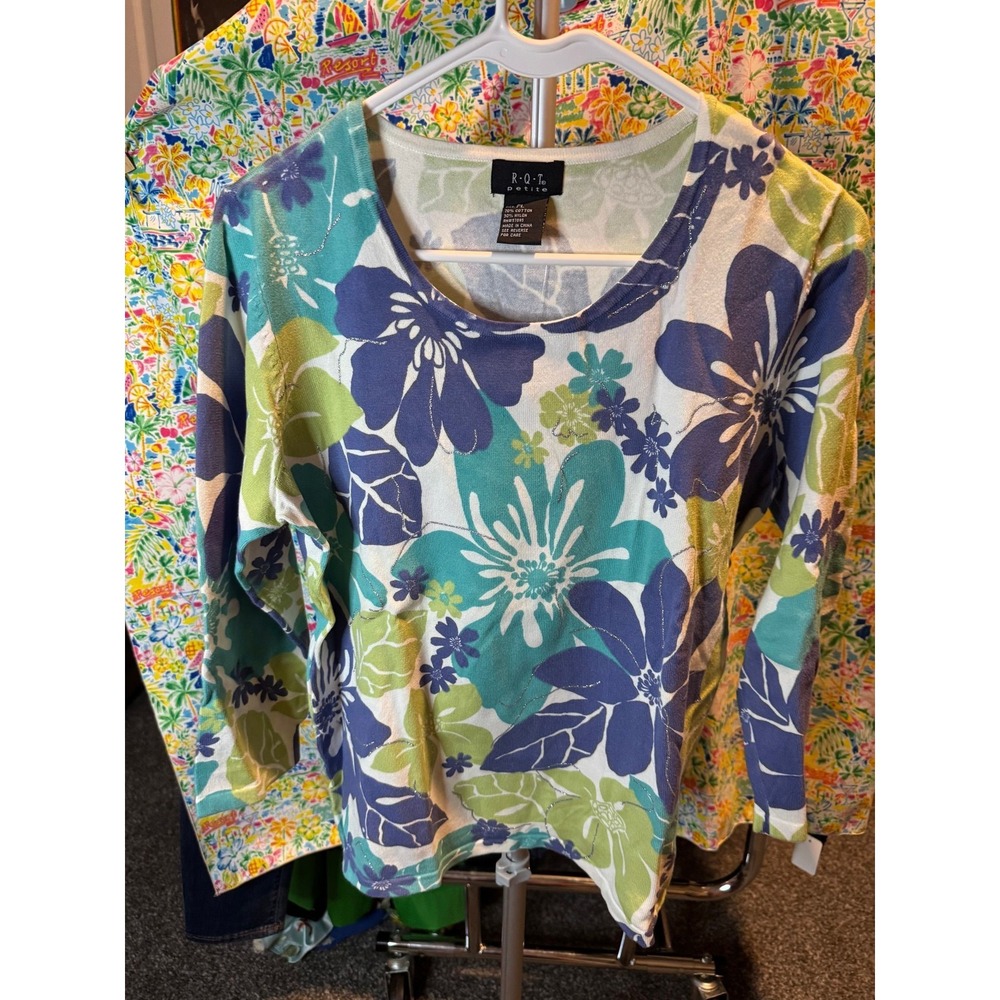 132 RQT Petite Blue Green Floral Metallic Knit Sweater Top Scoop Neck PL P5092BL